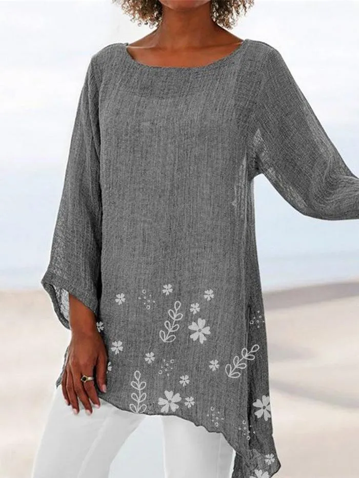 Small floral print round neck long sleeve Shine Dressy
