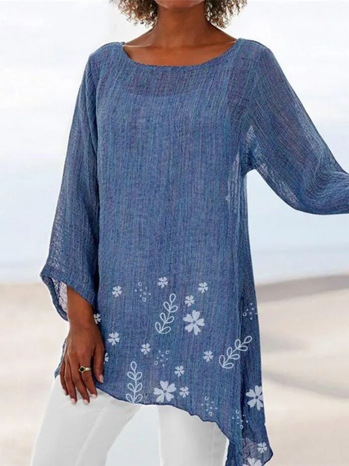 Small floral print round neck long sleeve Sophisticated Edge Calm Texture