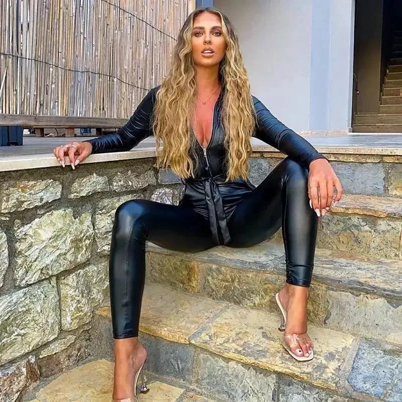 Black Leather Jumpsuit Travel Street