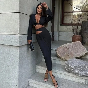 Pure Piece Clean Aesthetic Midi Skirt Set Two Piece Set Long Sleeve