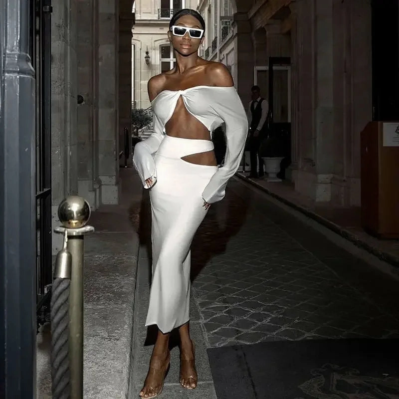 Bold Elegance Satin Soft Midi Skirt Set Two Piece Set Long Sleeve