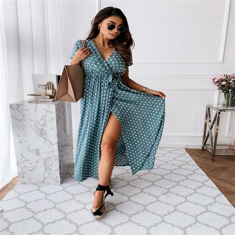 Sun-Protective V-neck Bohemian Polka Dot Print Dress Long Skirt