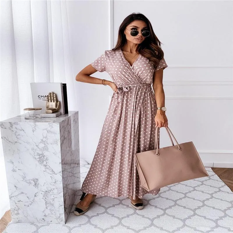 V-neck Bohemian Polka Dot Print Dress Long Skirt Open-back Cotton Touch