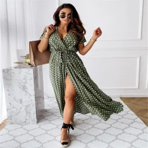 V-neck Bohemian Polka Dot Print Dress Long Skirt Timeless Line