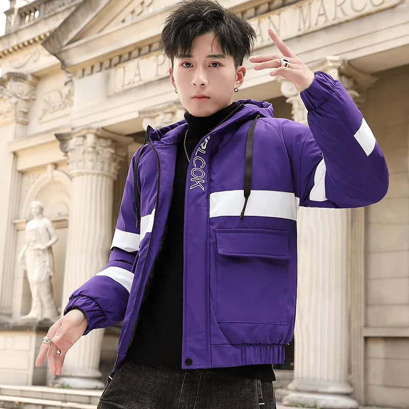 Korean Style Short Padded Jacket Men'S Thick Warm All-Match Cotton Coat Reflective accents