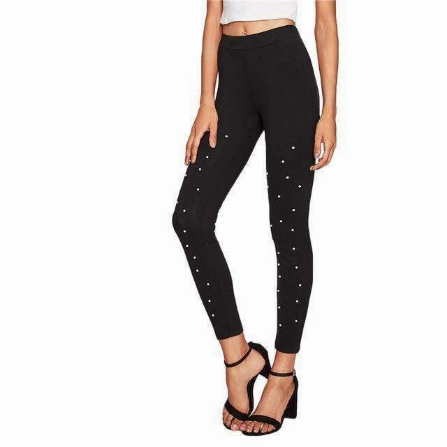Trend Recycled Polyester Blend Women's Pearl Beaded Black High Waisted Leggings