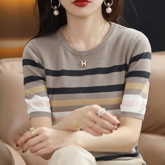 Striped Knitted Short Sleeve Women Micro Gauge Knitting