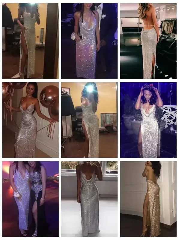 Sustainable Wear elastic waistband Luxury Halter Rhinestone Sequins Dress