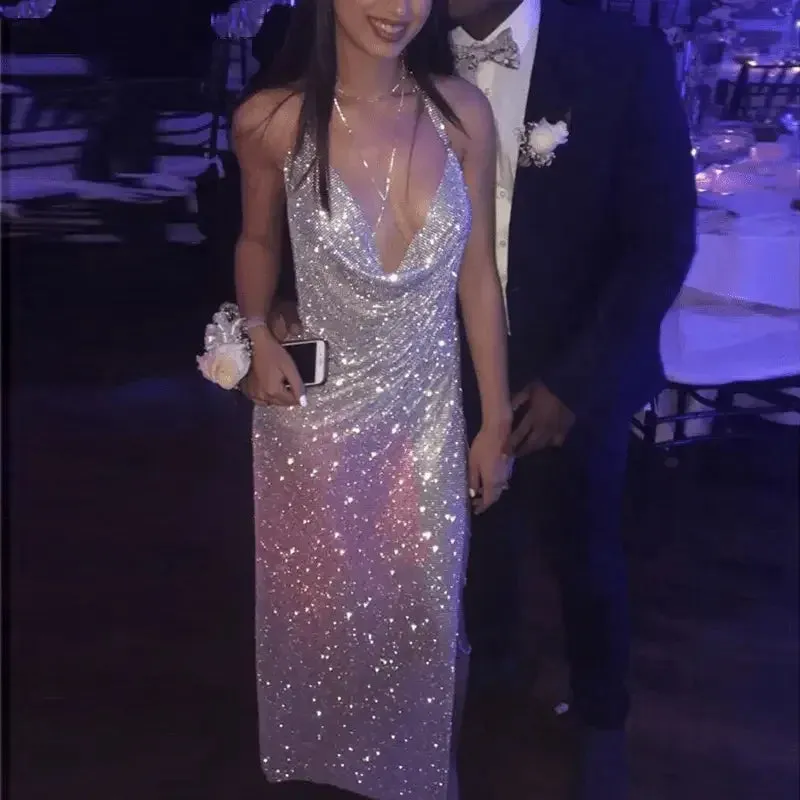 Day Glow Luxury Halter Rhinestone Sequins Dress