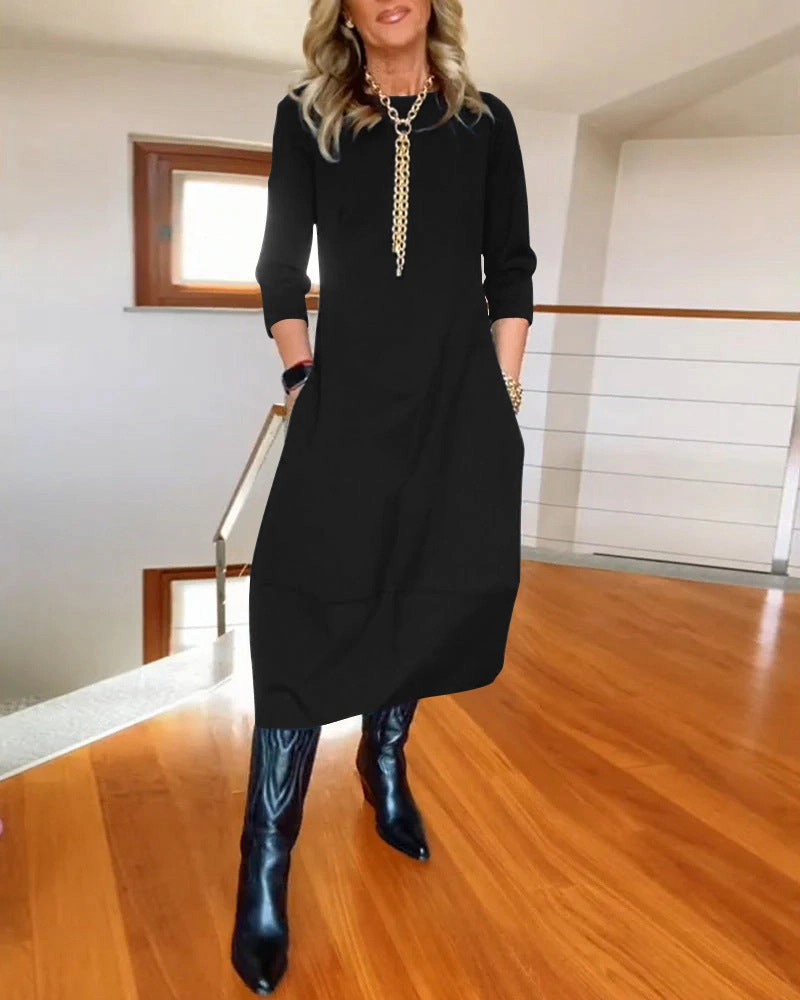 Autumn And Winter New All-matching Solid Color Loose Round-neck Long-sleeved Dress Women Hidden Zipper