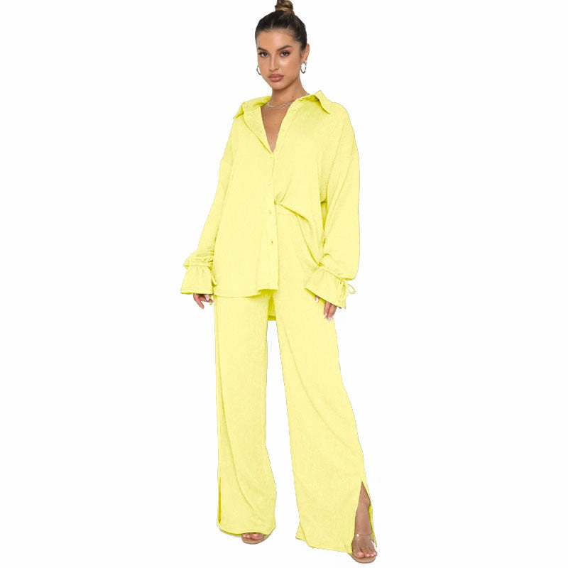 Retro Kids Loose Fine Solid Color Polo Collar Single-breasted Long Sleeve Tied Top Smart Trousers Suit