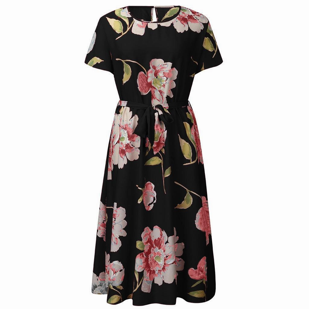 Polished Layer Round neck short sleeve printed waist dress