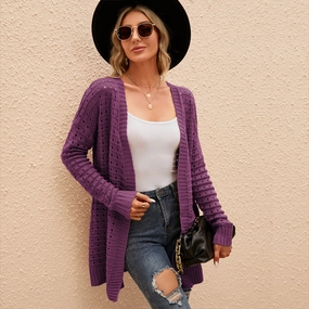 Women's Solid Color Hollow-out Knitted Cardigan Loose Sweater Coat Warm and Snuggly