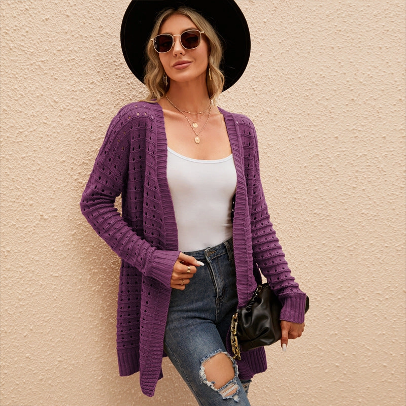 Women's Solid Color Hollow-out Knitted Cardigan Loose Sweater Coat Urban Comfort