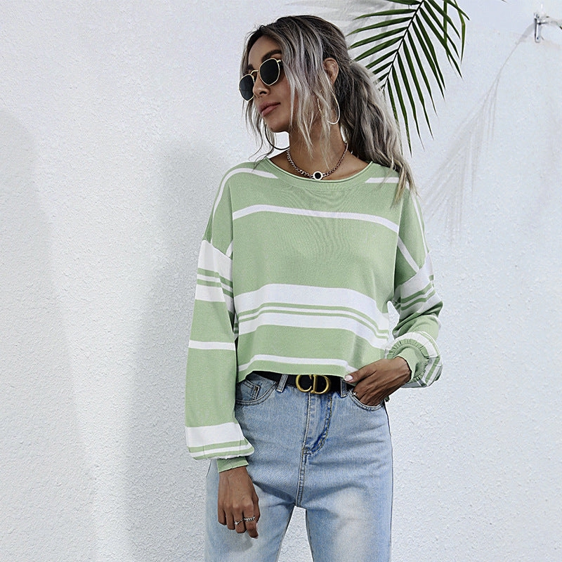 Crew-neck Striped Bottomed Knit Sweater For Women Light Stretch Wear