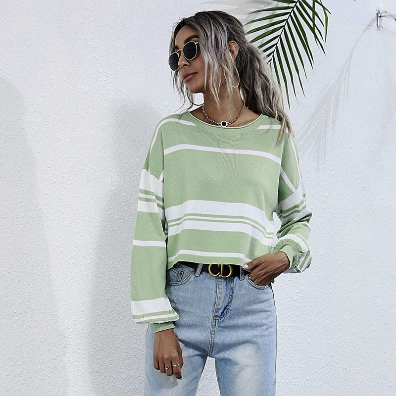 Light Stretch Fit Comfy Knit Look Crew-neck Striped Bottomed Knit Sweater For Women