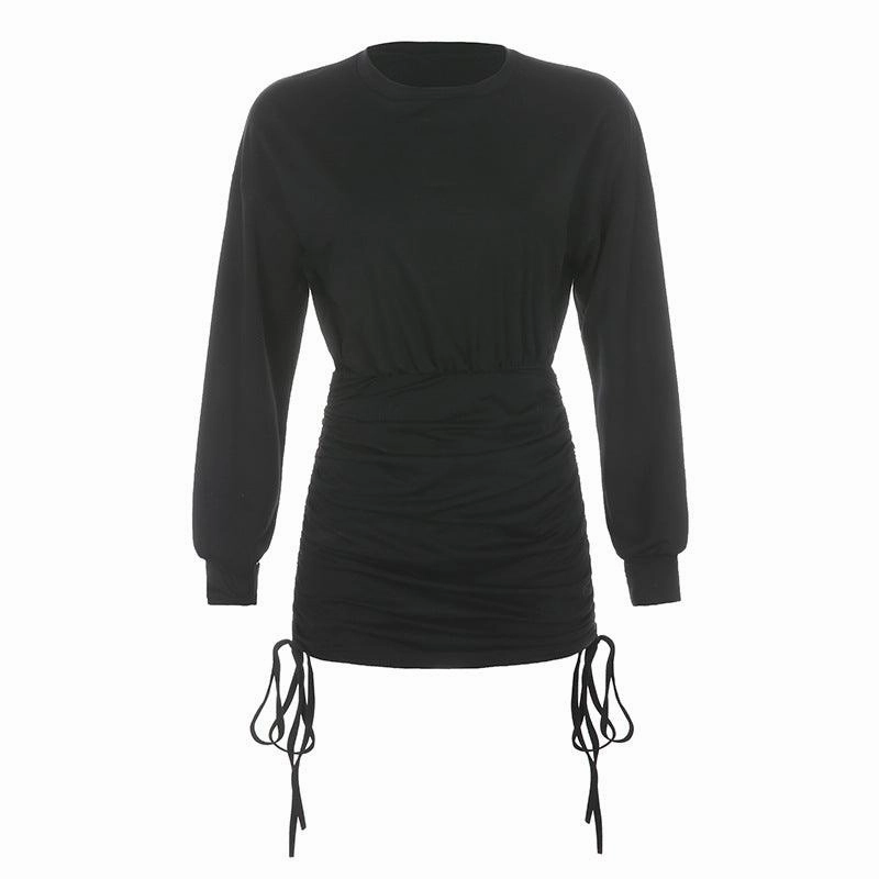 Pleated drawstring long sleeve dress Lounge Ready Comfy Fit Wear