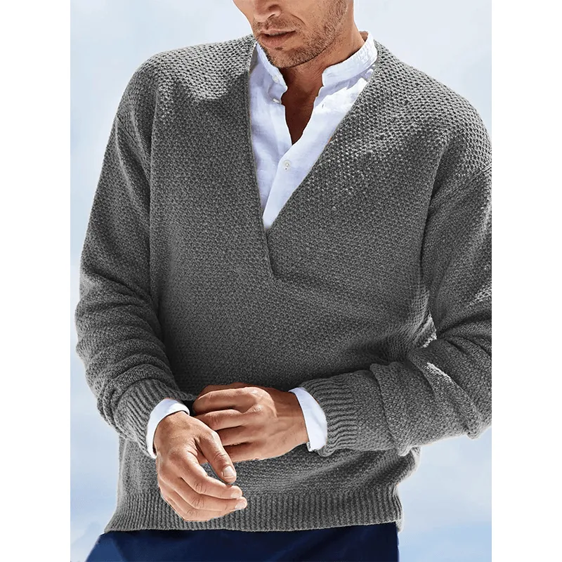 Solid Color Long-Sleeved V-Neck Knitted Men'S Sweater Soft and Elegant