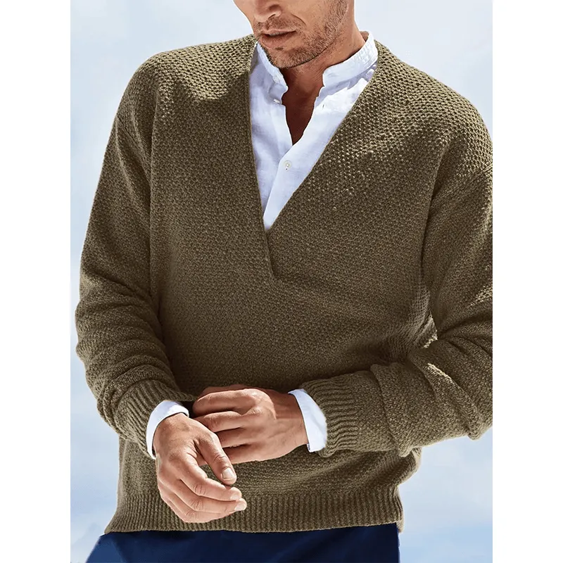 Solid Color Long-Sleeved V-Neck Knitted Men'S Sweater Odor Resistant Finish