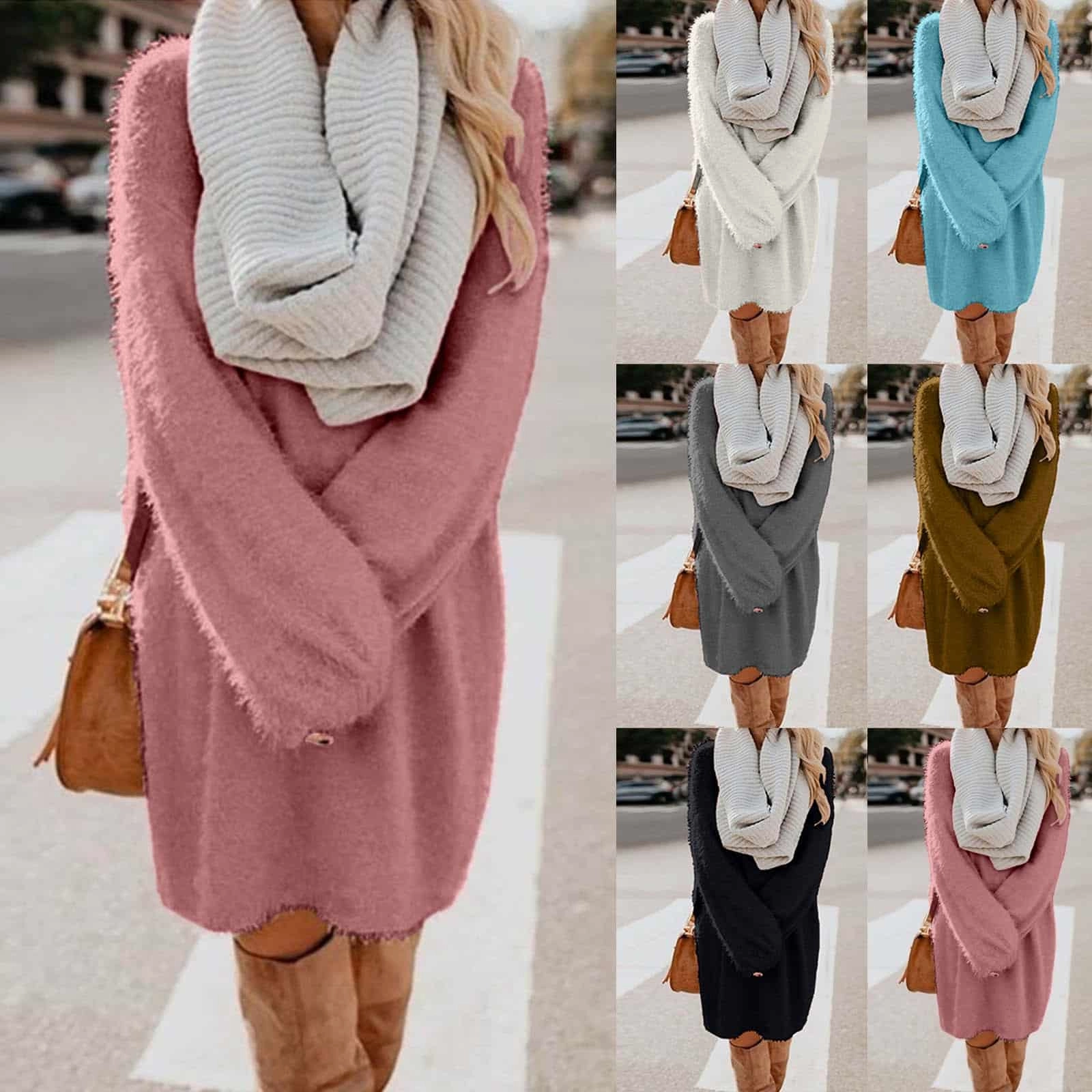 Sharp Finish Solid Color Knitted Sweater Dress for Women