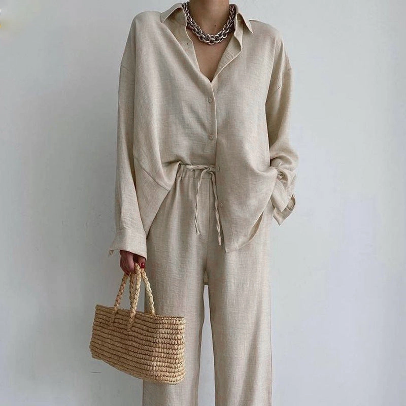 Luxury Neutral Soft Family Solid Color Long Sleeve Top Straight Leg Pants Two-piece Set