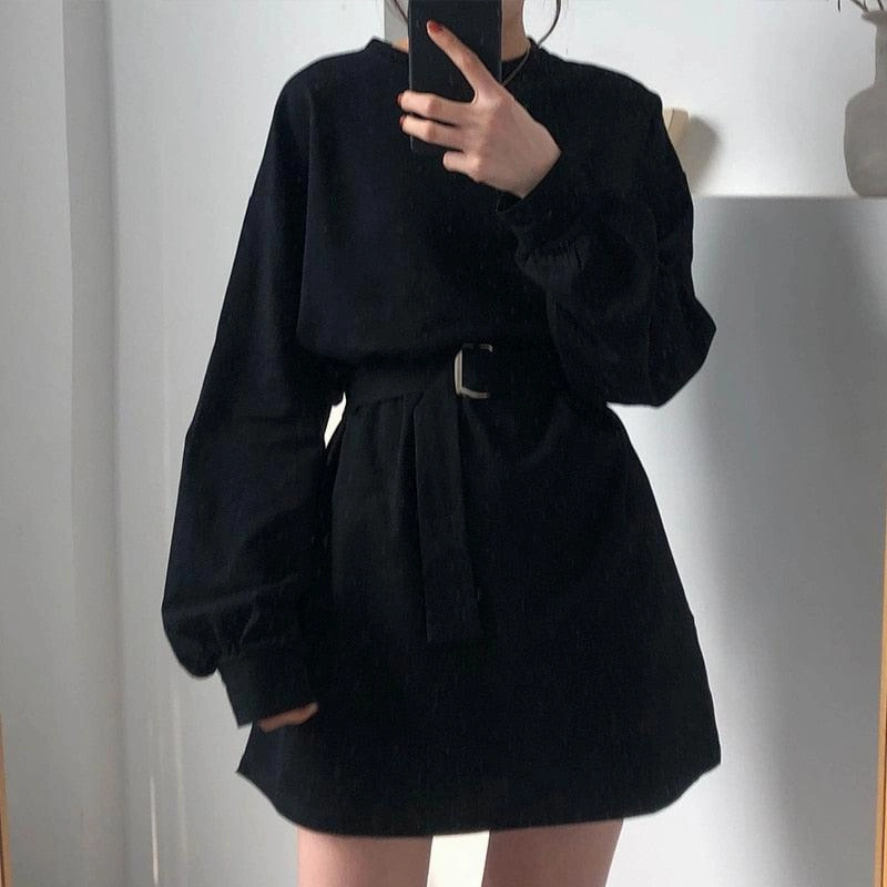 Sheer Overlay Solid color long-sleeved lace-up waist skirt dress