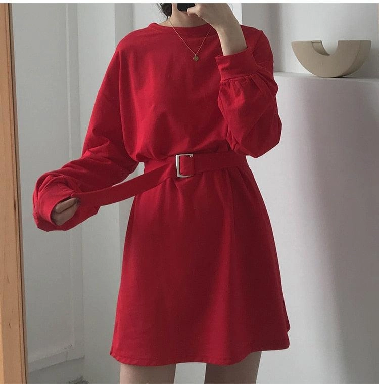 Solid color long-sleeved lace-up waist skirt dress Mood Focused