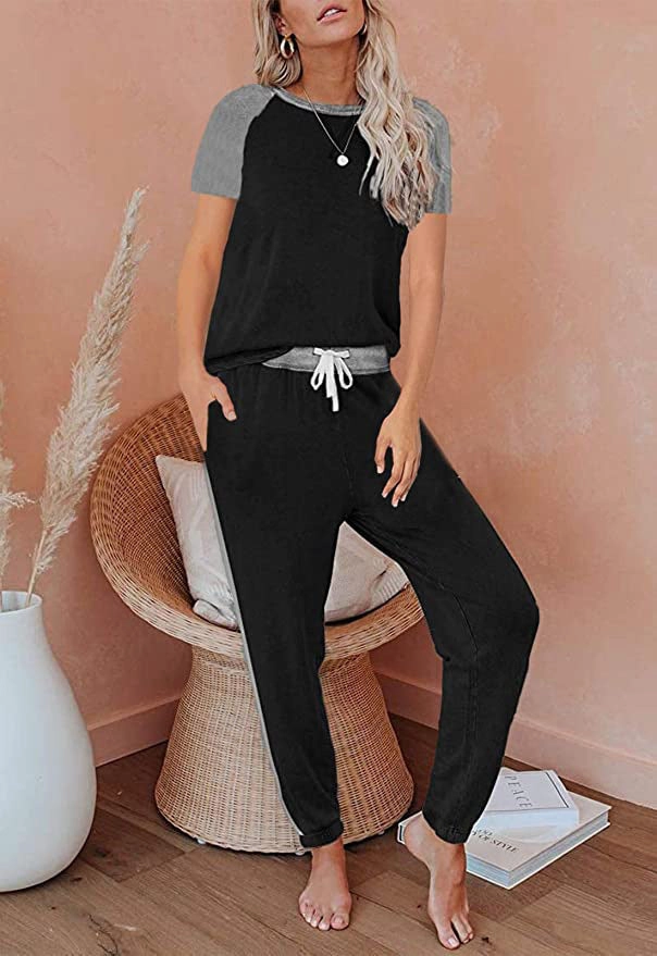 Solid Color Stitching Fashion Round Neck Short Sleeves Casual Suit Home Dancer