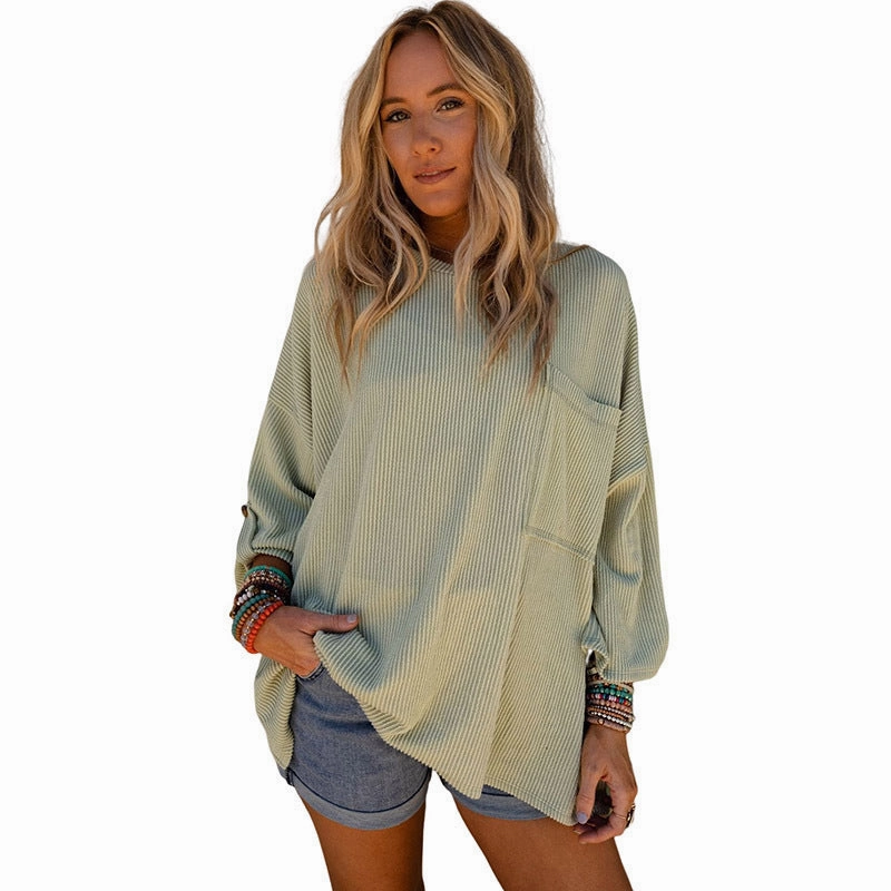 Cozy Flex Fit quick dry Solid Color Sweater Loose Casual Pocket Curling Threaded Long Sleeve Top