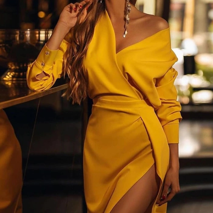 Solid V-Neck Slit Bodycon Dress Subtle tone Refined Line