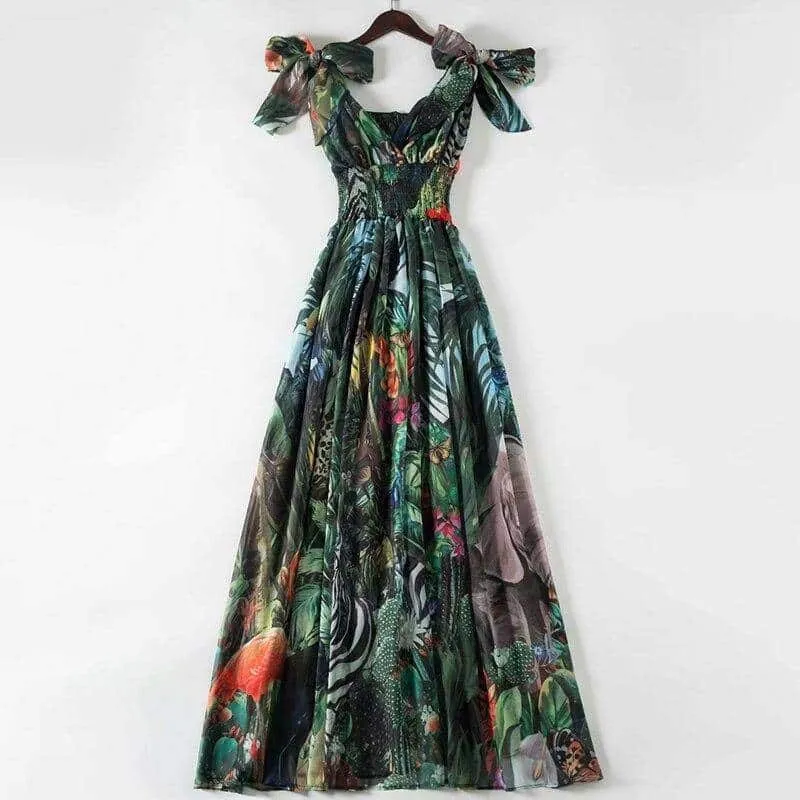 Women's Tropical Print Maxi Dress Snap-Closure