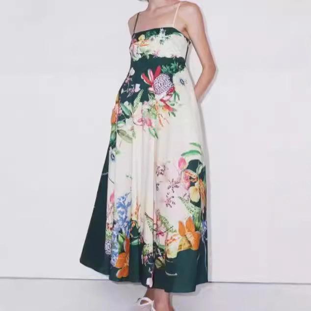Spaghetti-strap Floral Print Pocket Dress Loose Vacation Feminine Details