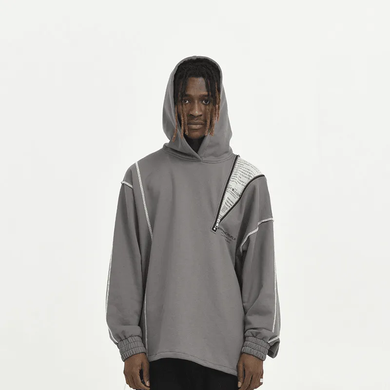 Asymmetrical Zipper Reverse Process Printing Loose Hooded Sweatshirt casual party product handmade uniqueness