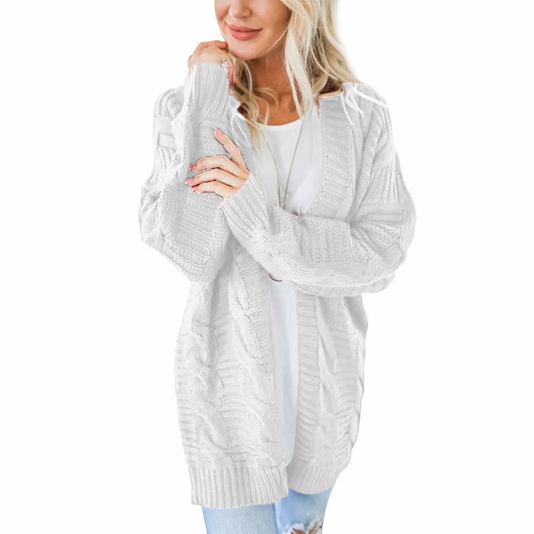 Women's Twist Cardigan Solid Color Mid-length Coarse Yarn Sweater Merino Wool Essential Knit Style