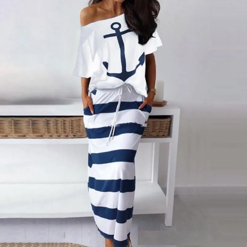 Spot Amazon Bay Navy Wind Casual Anchor Print Short Sleeve T-shirt  Skirt Set Edgy Layers V-Neck