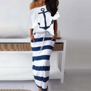 Spot Amazon Bay Navy Wind Casual Anchor Print Short Sleeve T-shirt  Skirt Set Minimal Detail