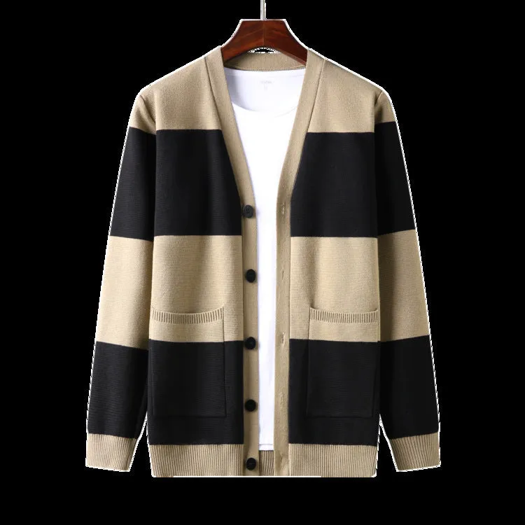 Recycled Material Crafting Thermal Lining Spring And Autumn New Men's Striped Cardigan Single-breasted Long Sleeve Color Matching Casual Sweater Coat