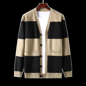 Spring And Autumn New Men's Striped Cardigan Single-breasted Long Sleeve Color Matching Casual Sweater Coat Chilly Weather Knit