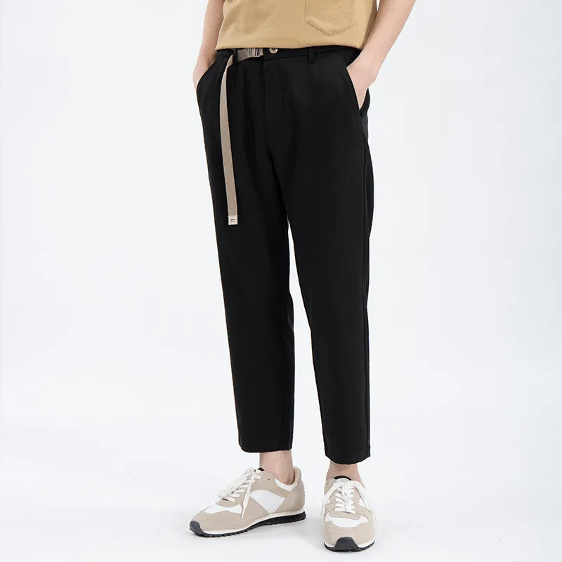 Cozy Movement Spring and Summer Silk Cropped Trousers Men'S Belt Pure Color Elastic Waist Slim Straight Casual Pants