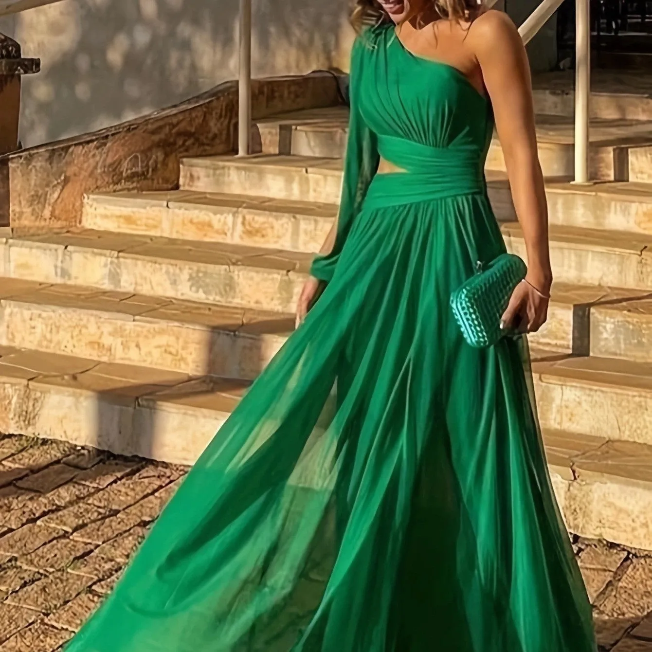 Spring And Summer Solid Color One Shoulder Midriff Outfit Elegant Slim Long Dress Smart Silhouette Air Touch