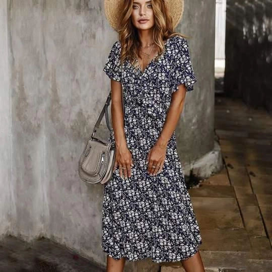 Spring and summer floral short-sleeved dress Vibrant pattern Dew Glow