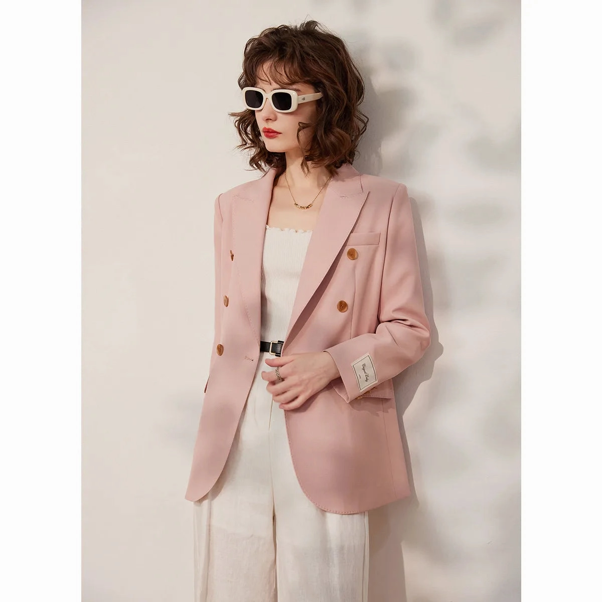 Spring Pink Double Breasted Blazer for Women - Stylish Office Suit Jacket CompressionResistant QuiltedPattern