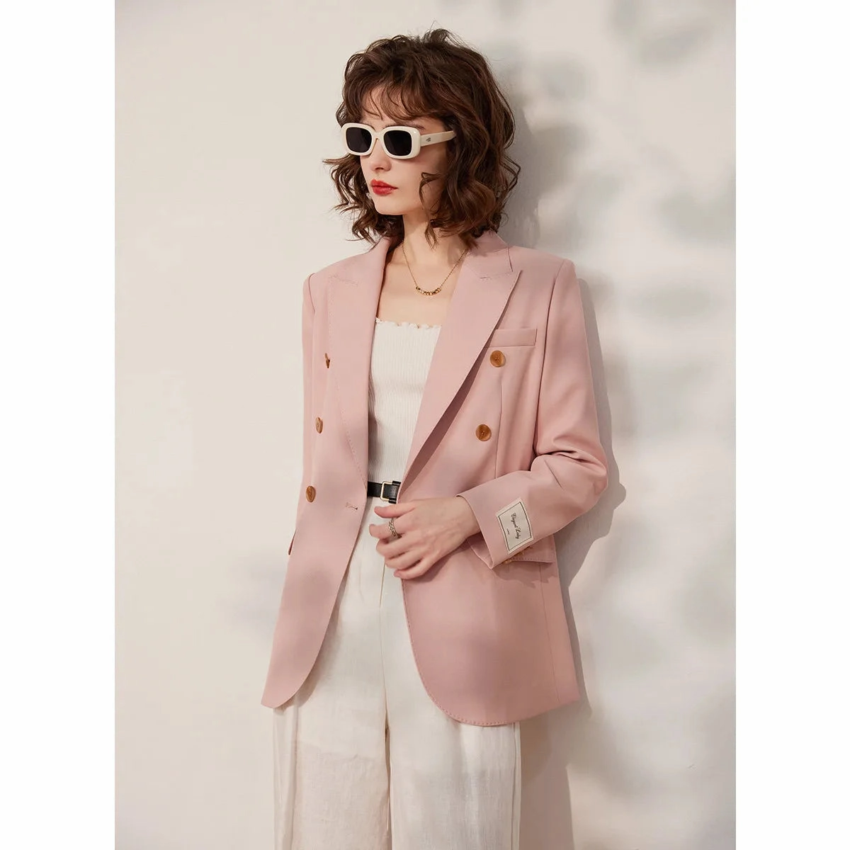 ExpandableSideGussets Spring Pink Double Breasted Blazer for Women - Stylish Office Suit Jacket