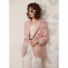 ExpandableSideGussets Spring Pink Double Breasted Blazer for Women - Stylish Office Suit Jacket