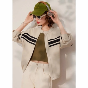 Multi Layer Construction Spring Women's Loose Fit Striped Jacket with Contrast Colors
