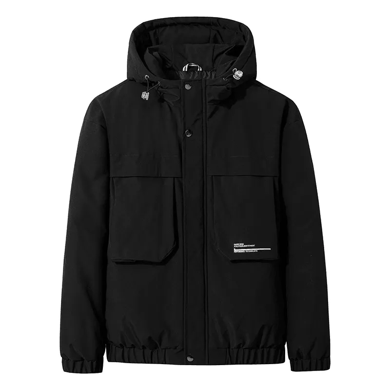 Reflective accents Logo Free Style Stand-Up Collar Three-Dimensional Patch Pocket Black Large Size Zipper Loose-Fitting Hood