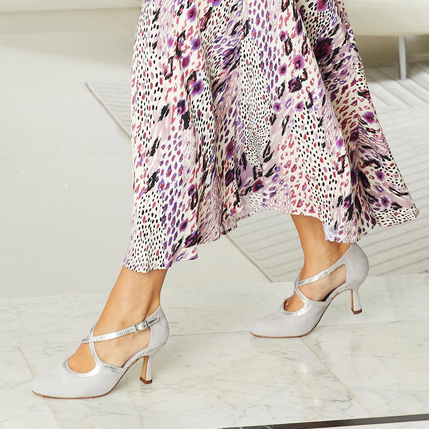 Meredith: Pale Gray Suede & Silver Snake High density foam