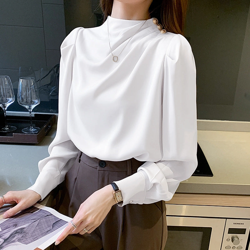 Stand Collar Pleated Lantern Sleeve Long Sleeve Top Loose Women's Shirt Minimalist Closure Eco Friendly Dye