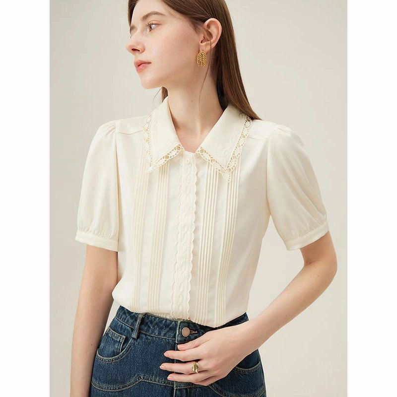 Elegant Summer Embroidered Polo-Neck Blouse with Petal Sleeves Flexible Knit