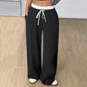 Sporty Layer Straight Casual Pants Loose Elastic Waist Mop Trousers